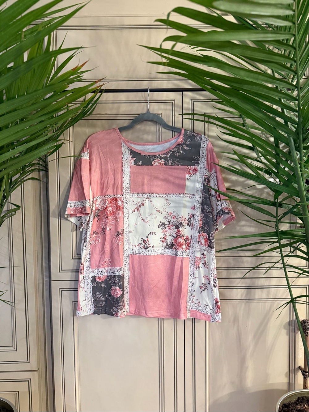 New Women's Pink Patchwork Floral Short Sleeve Top blouse Boho Country Chic Lg